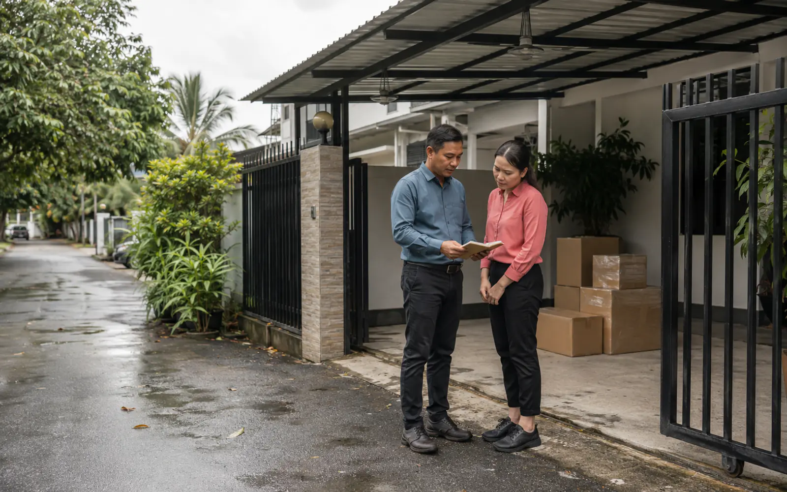 Dua orang dewasa menyemak pocketbook lokasi kosong di pintu penerimaan generik selepas hujan